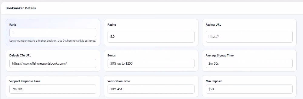 Bookmaker rank, rating, review URL and offer fields