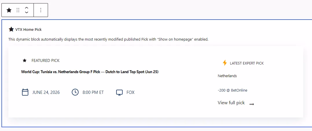 Dynamic VTX Home Pick block explaining how an eligible published pick is selected