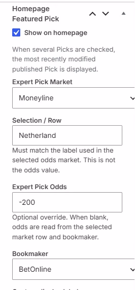 WordPress sidebar with Show on homepage enabled and pick fields