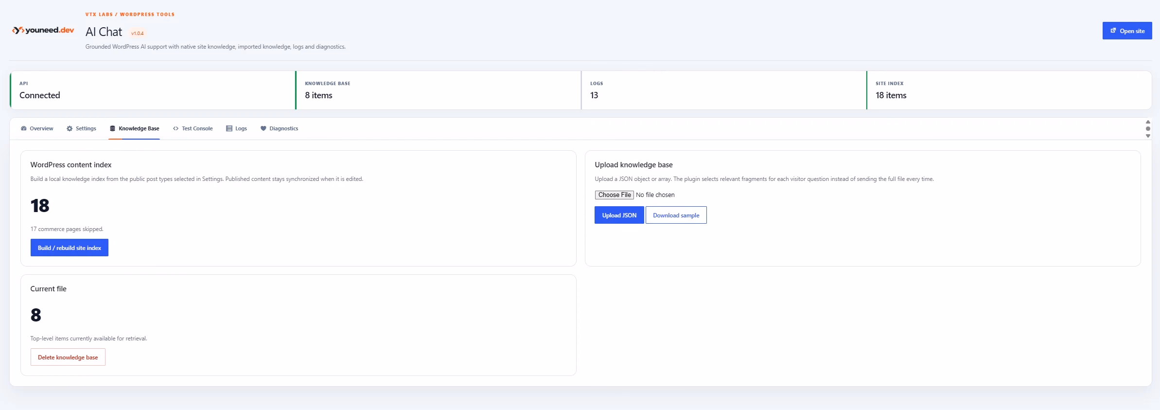 Real WordPress knowledge index and JSON import controls