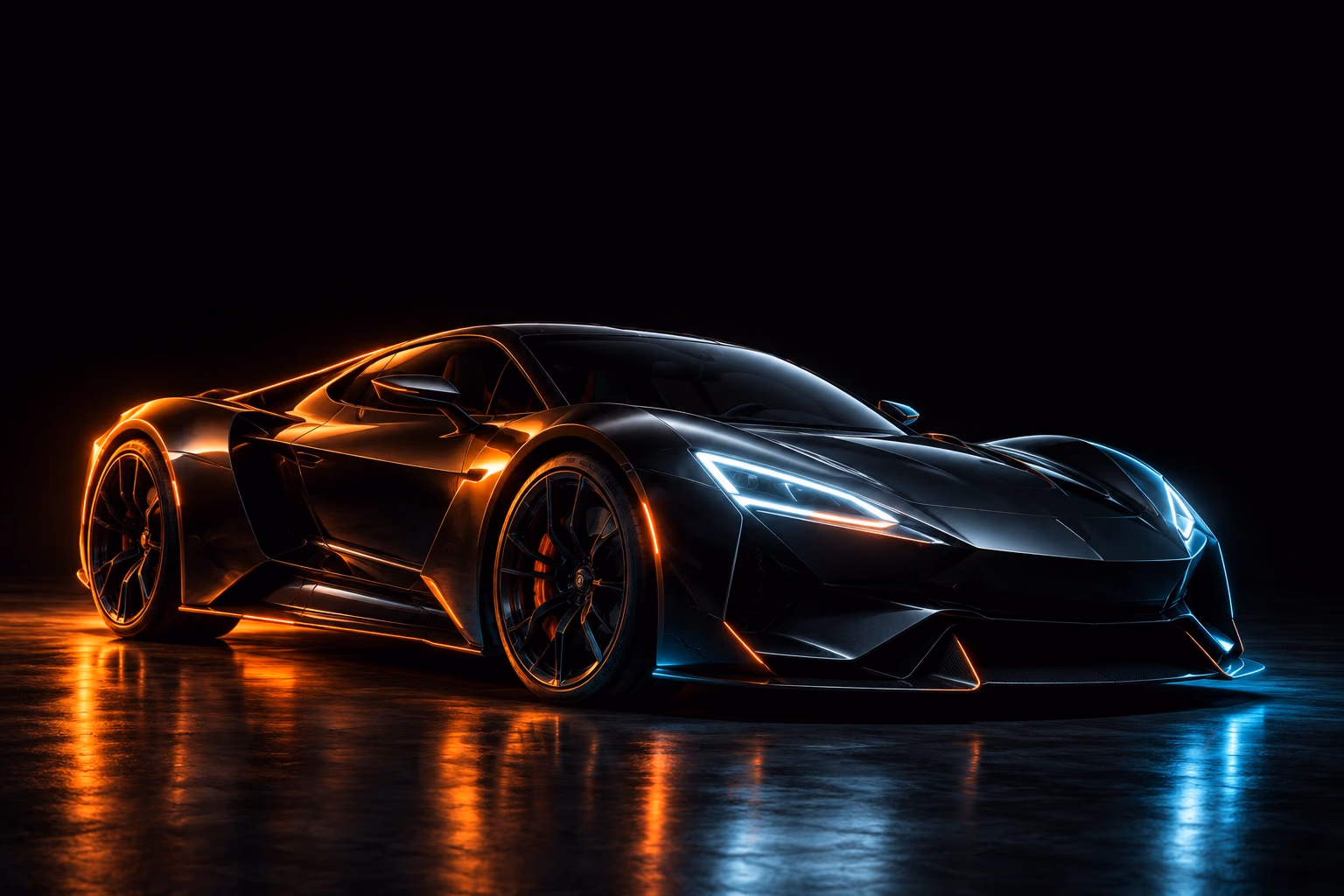 The original Velox concept vehicle, revealed through a responsive particle shell with orange and cold metallic light
