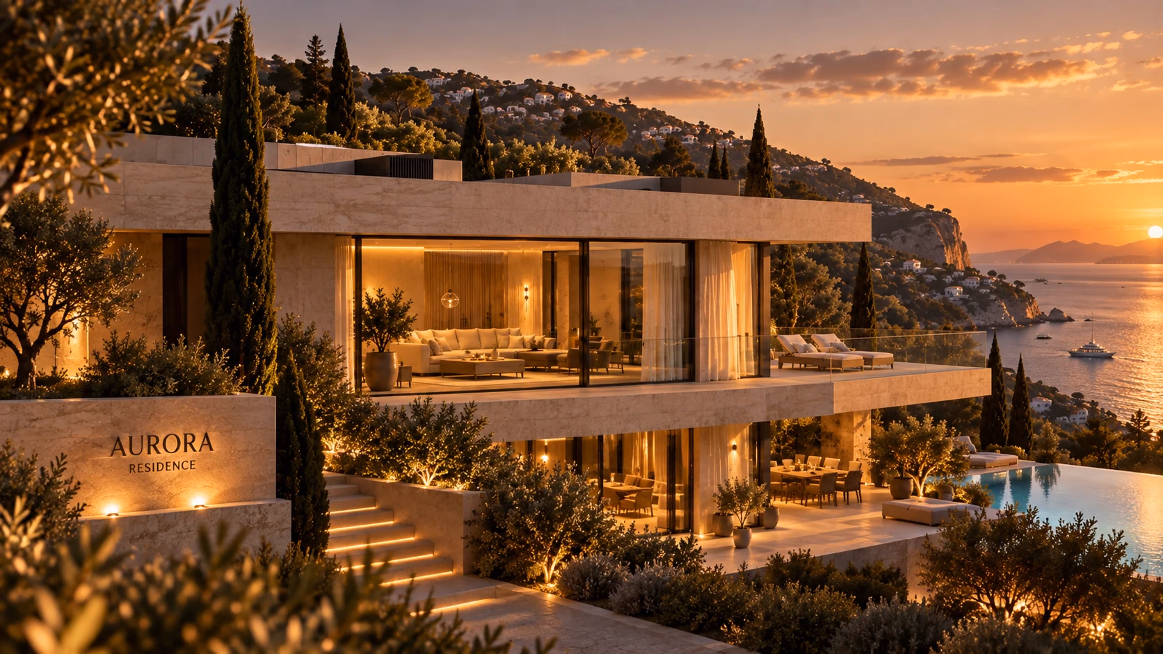 Sunset exterior from the Aurora frontend experience, with illuminated stone architecture opening toward the sea