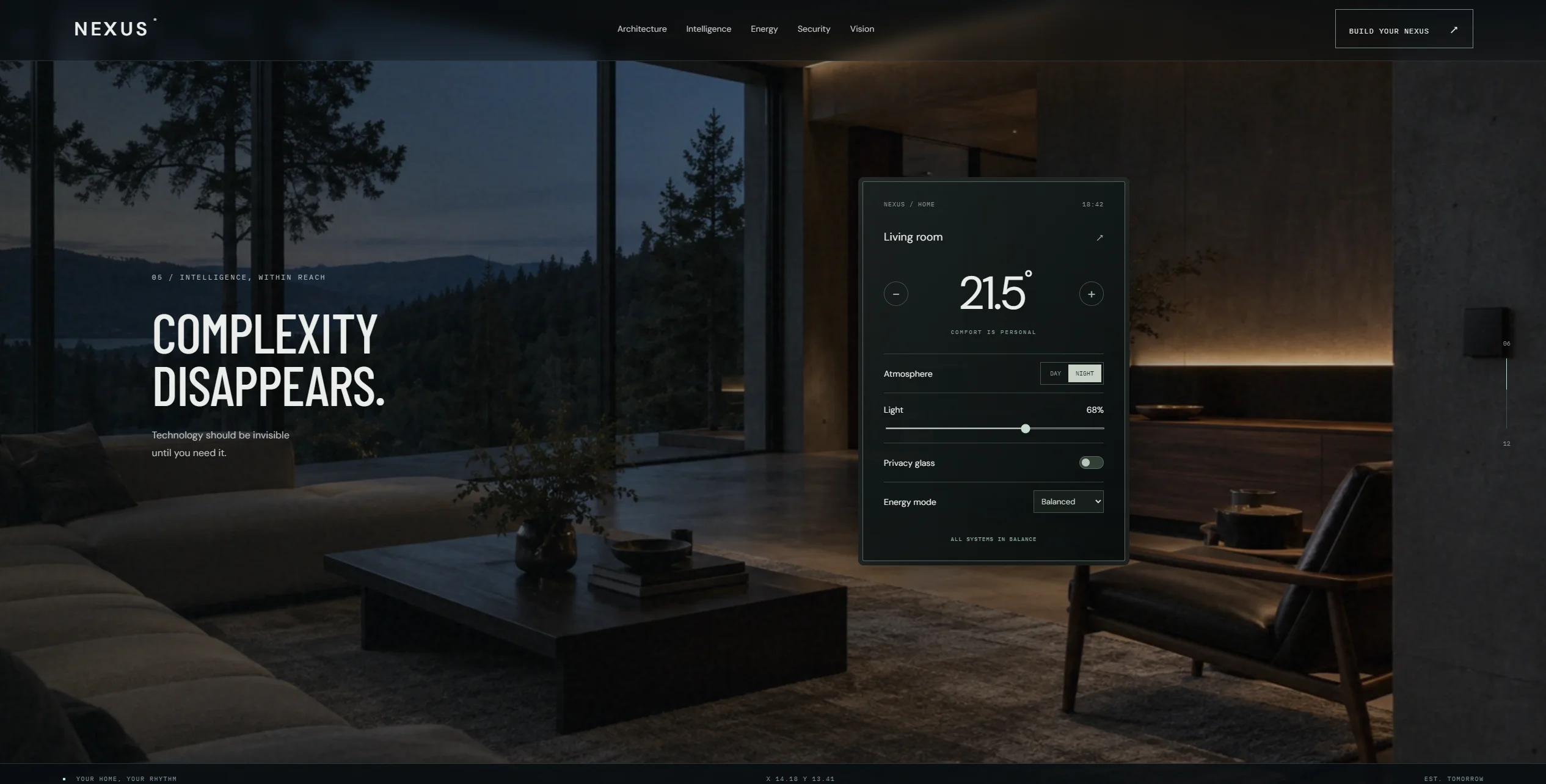 Actual Nexus interface showing the simulated living-room controls