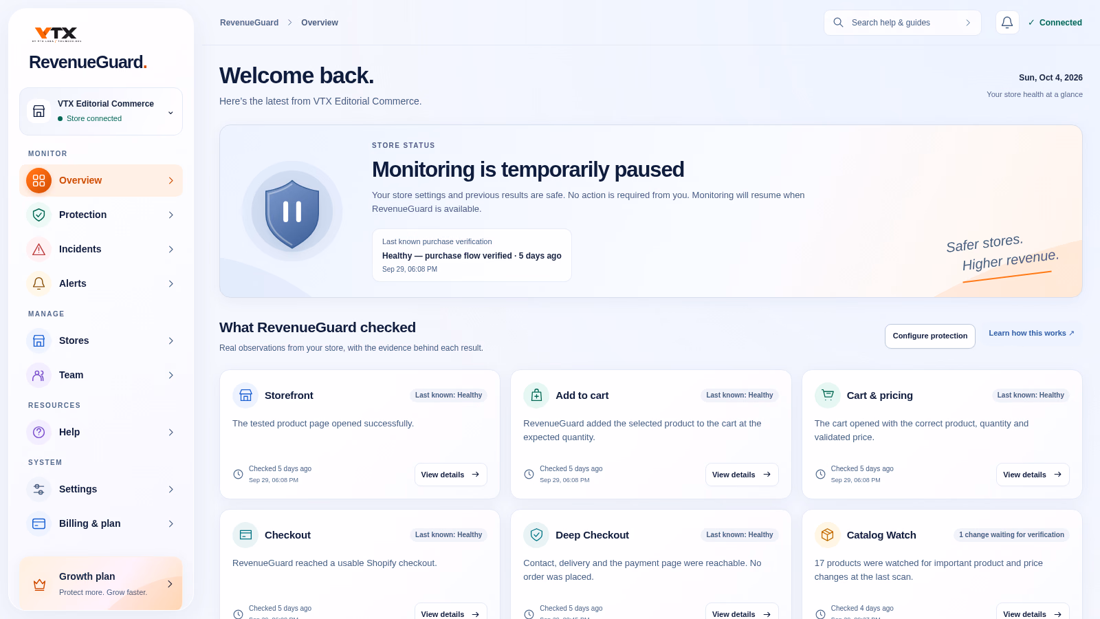 RevenueGuard merchant dashboard showing paused monitoring and last-known storefront, cart and checkout results