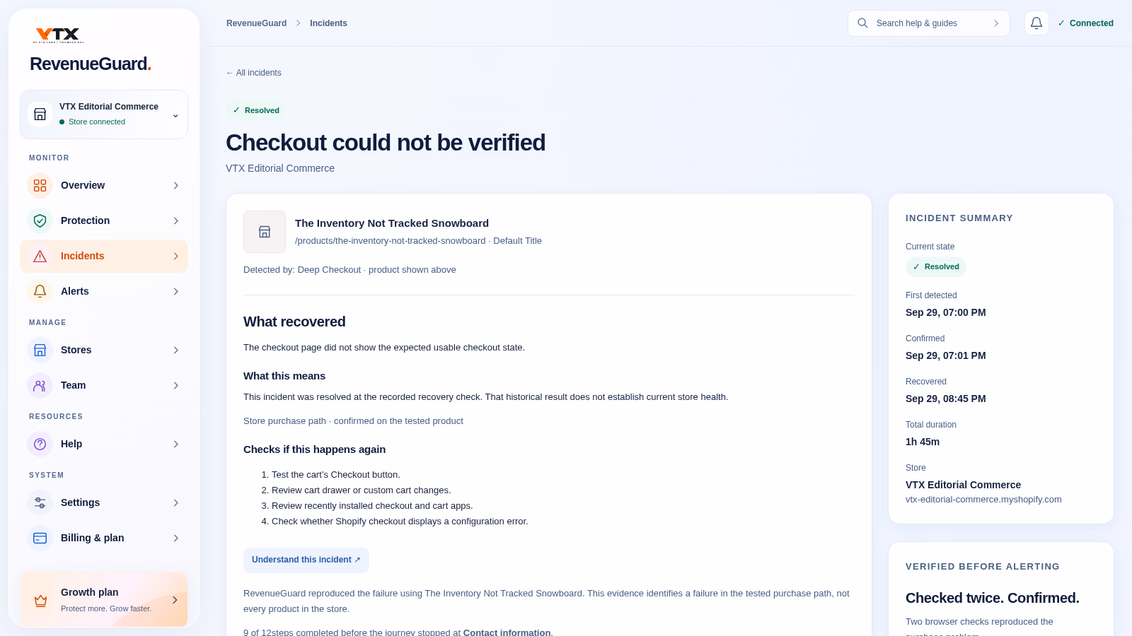 RevenueGuard resolved checkout incident with confirmation timestamps and diagnostic guidance for a development store