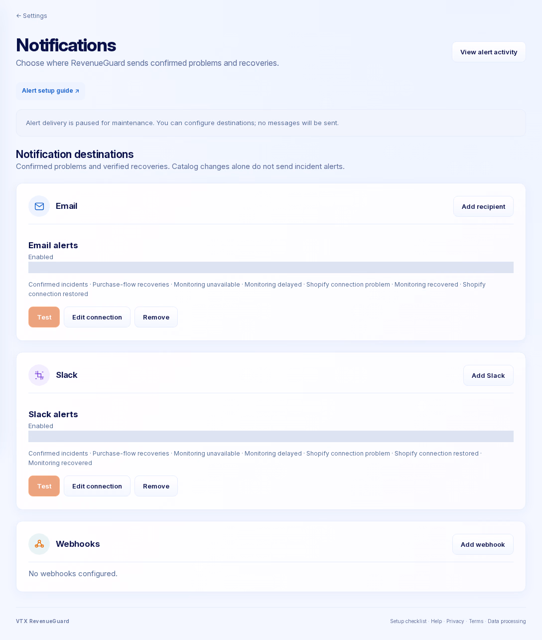 RevenueGuard notification settings for email, Slack and webhook destinations with private addresses masked
