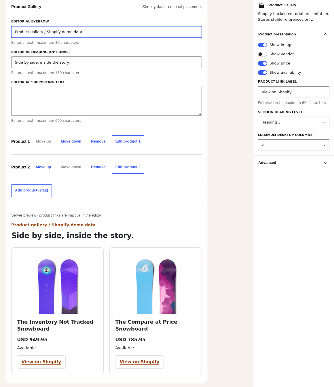Gutenberg gallery controls with ordered Shopify product references and a two-product preview