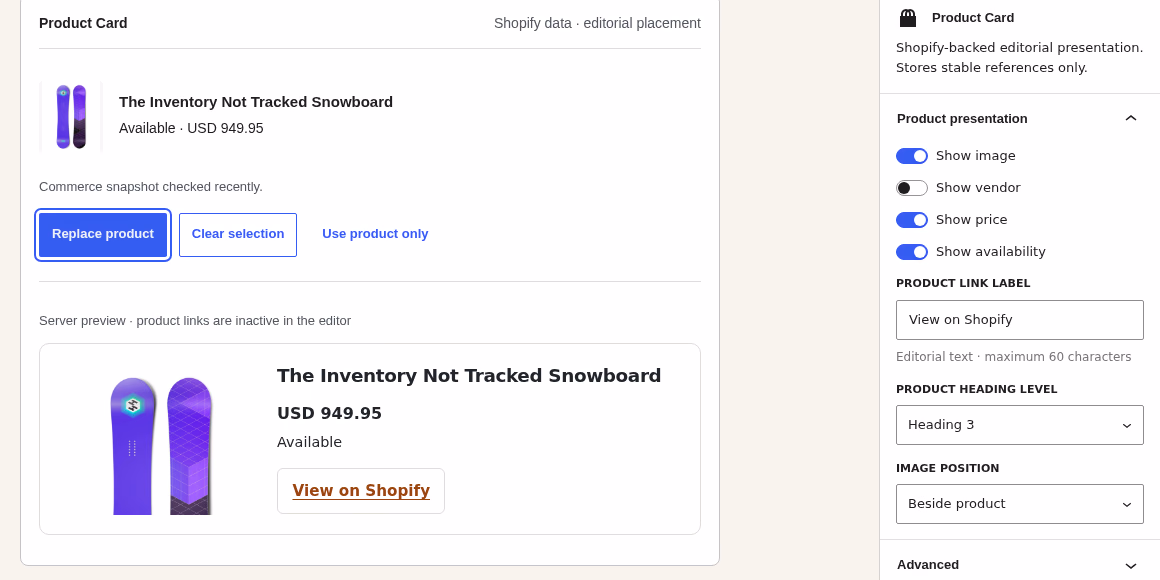Gutenberg product picker and server-rendered product card in the VTX Editorial Commerce reference implementation