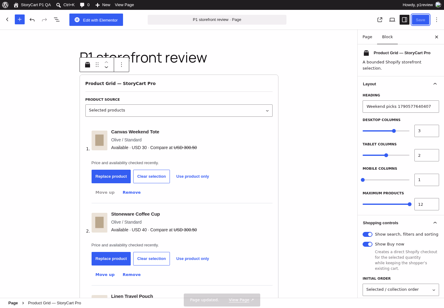 StoryCart Pro review candidate in Gutenberg with product and variant selections and responsive layout controls